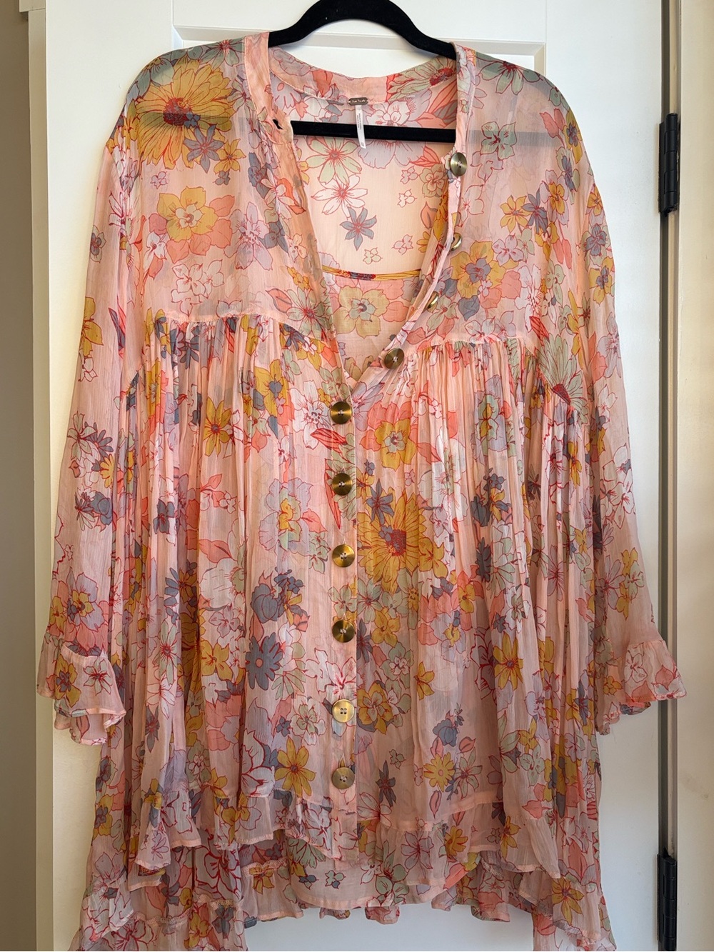 Free People Pink Floral Sheer Button-Front Tunic